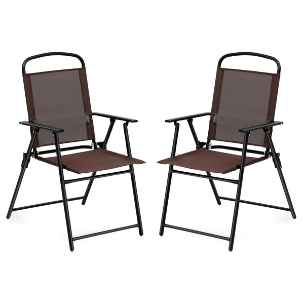 TBKLEY 2pcs Patio Folding Sling Back Chair with Armrests, Portable Metal Outdoor Chairs for Indoor Outdoor Garden Poolside Yard, Brown