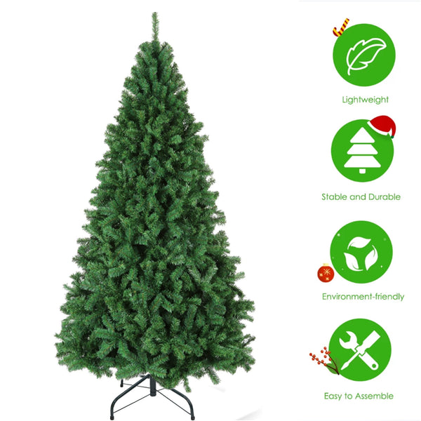 6ft Premium Christmas Tree, Pine Hinged Artificial Holiday Tree W/ 1000 Tips, Metal Base - Green