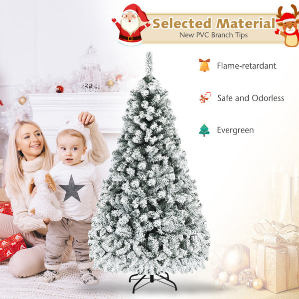 6ft Snow Flocked Christmas Tree, Premium Holiday Pine Branches, Foldable Metal Base