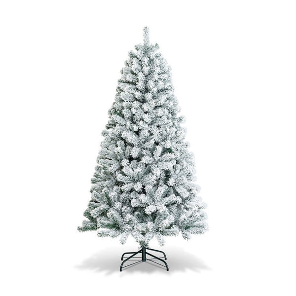 6ft Artificial Snow Flocked Hinged Christmas Tree with Metal Stand