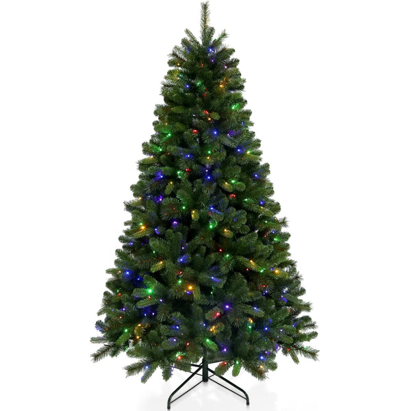 7ft Pre-Lit Artificial Christmas Tree, Hinged Xmas Tree with 400 Multi-Color LED Lights, 1350 PVC and PE Branch Tips, for Holiday Party Office Home Decor