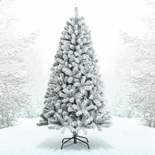 7.5ft Artificial Snow Flocked Hinged Christmas Tree with Metal Stand