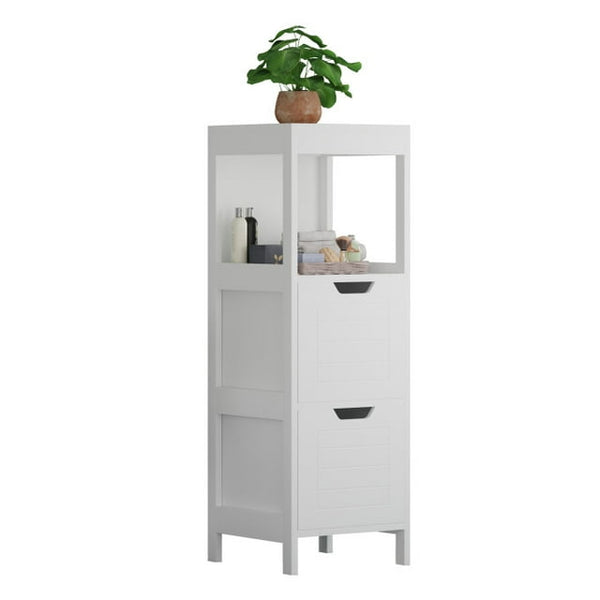 Modern Bathroom Floor Cabinet with 2 Drawers, Free Standing Medicine Cabinet Storage Organizer Unit for Living Room Bedroom, White