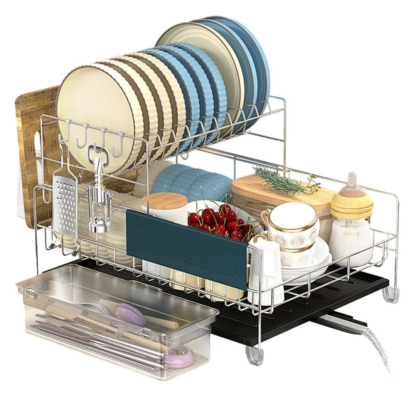 SKONYON Dish Drying Rack 2-Tier Detachable Stainless Steel Rack with Cutlery Box and Cup Holder