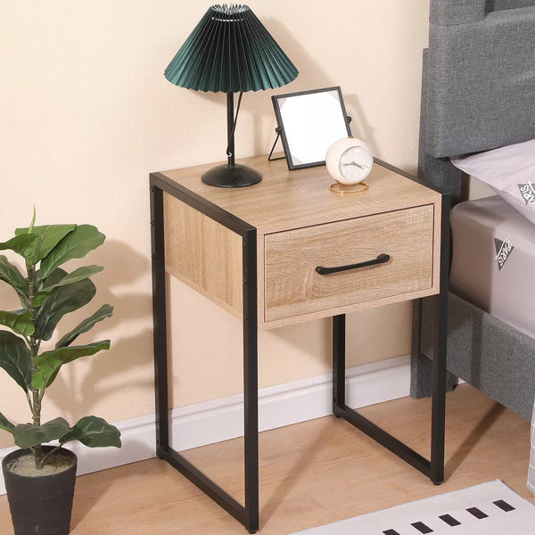 Wood Nightstand with Drawer Steel Frame Side Table