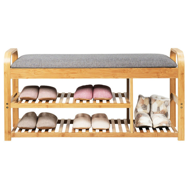 Entryway 3 Tier Bamboo Shoe Rack Bench with Cushion