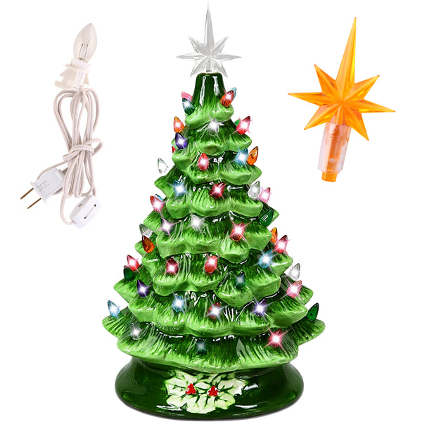 15in Ceramic Christmas Tree, Pre lit Hand Painted Tabletop Holiday Tree, Star Topper, 64 Lights