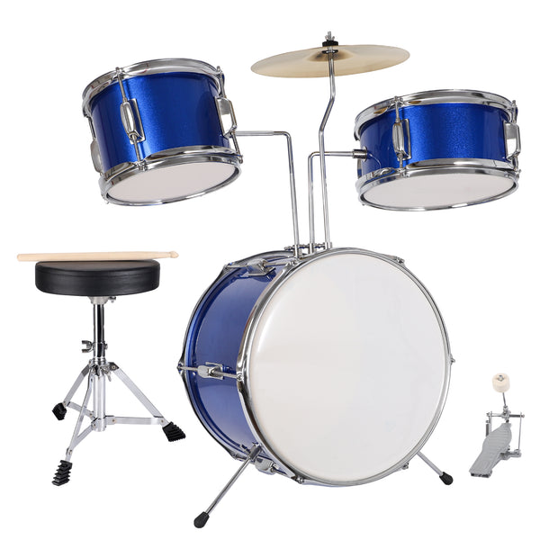 Kids Drum Set, 3 Piece Junior Beginners Drums Kit with Throne Stool, Bass Drum Pedal and 2 Drumsticks,Blue