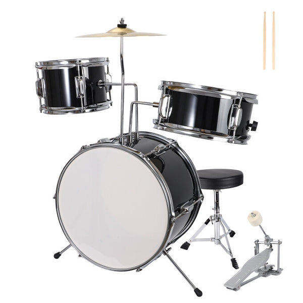 Kids Drum Set, 3 Piece Junior Beginners Drums Kit with Throne Stool, Bass Drum Pedal and 2 Drumsticks,Black