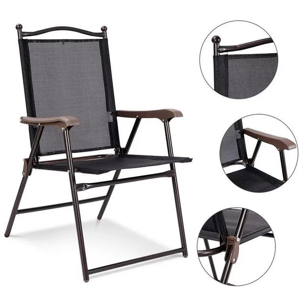 Set of 2 Patio Folding Sling Back Chairs Camping Deck Garden Beach Black