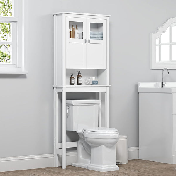 Bathroom Cabinet Over Toilet, Bathroom Storage Cabinet with Glass Doors and Adjustable Shelves, Over The Toilet Storage Cabinet, White