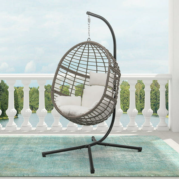 Wicker Hanging Egg Chair with Cushion and Stand - White