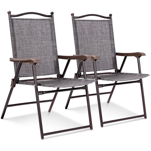 Set of 2 Patio Folding Sling Back Chairs Camping Deck Garden Beach Gray