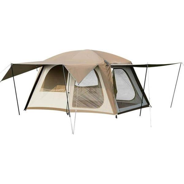 4 Person Camping Tent with 3 Door 2 Room Brown