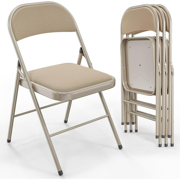 Folding Chairs with Padded Seats, Metal Frame with Fabric Seat & Back, Capacity 350 lbs, Khaki, Set of 4