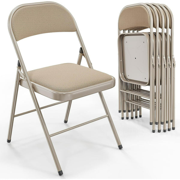 Folding Chairs with Padded Seats, Metal Frame with Fabric Seat & Back, Capacity 350 lbs, Khaki, Set of 6