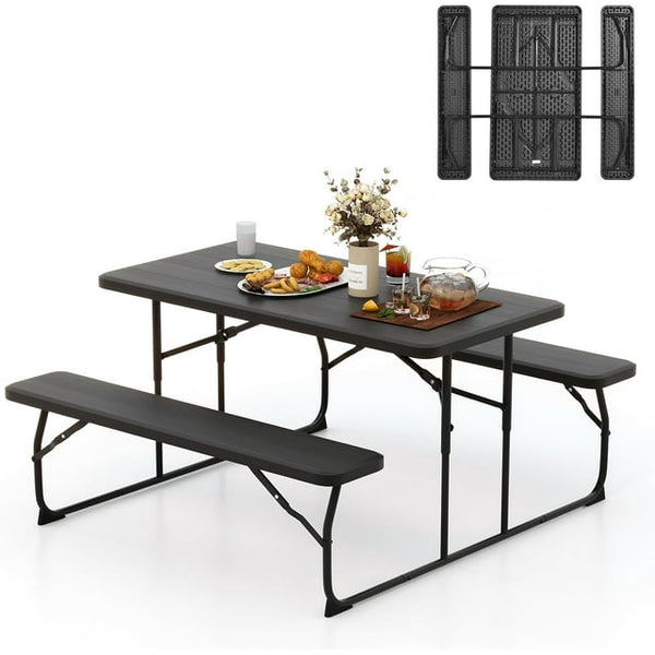 Folding Picnic Table with 2 Benches, Black