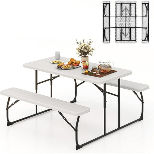 Folding Picnic Table with 2 Benches, White