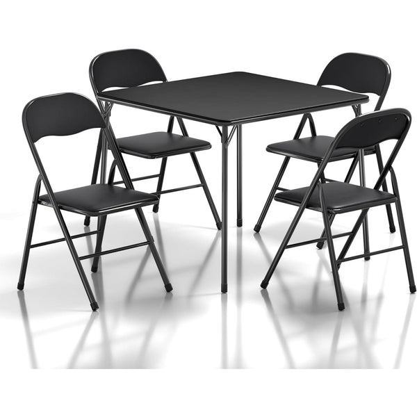 Folding Portable Card Table Square and Foldable Chair Sets 5PCS with Collapsible Legs & Vinyl Upholstery Padded, Metal, Black, Table1&Chair4