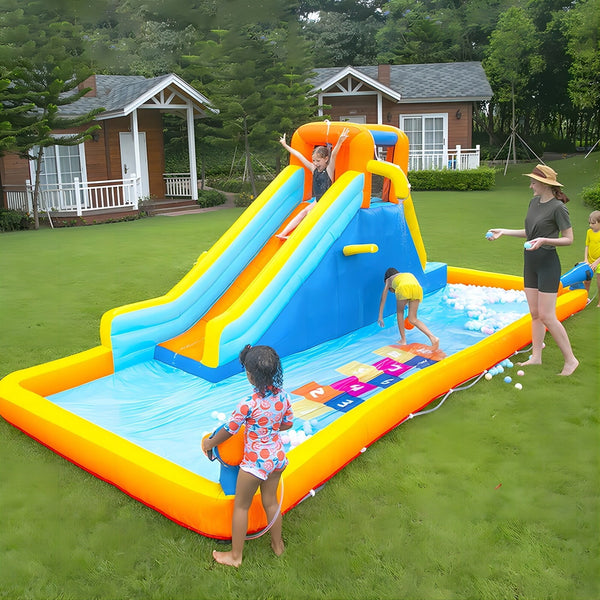 Kids Inflatable Water Slide Park with Climbing Wall Water Cannon and Splash Pool