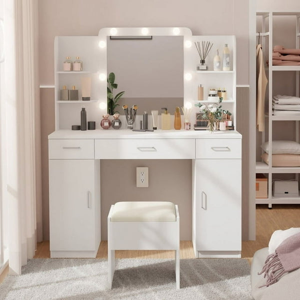 Makeup Vanity with Mirror and 9 Lights, Stool Included, White