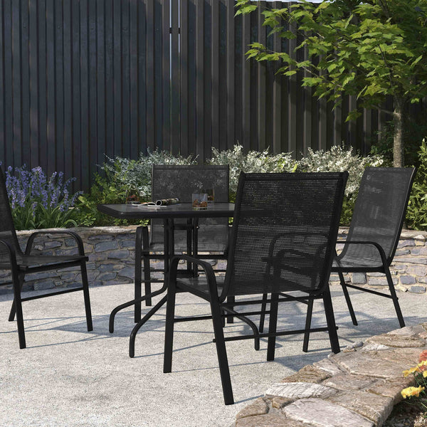 Set of 4 Metal Stacking Patio Chairs with Black Flex Comfort Material