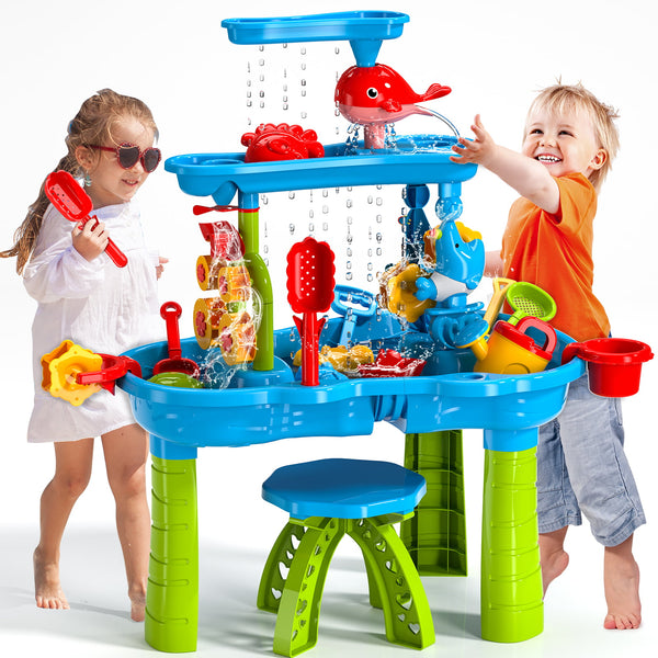 Kids Sand Water Table for Toddlers, 3-Tier Sand and Water Play Table Toys for Toddlers Kids, Activity Sensory Tables Outside Beach Toys for Toddler Boys Girls Age 1-3 3-5 Gift