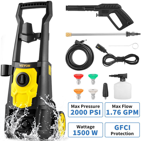 Electric Pressure Washer, 2000 PSI, Max. 1.76 GPM Power Washer w/ 30 ft Hose, 5 Quick Connect Nozzles, Foam Cannon, Portable to Clean Patios, Cars, Fences, Driveways, ETL Listed